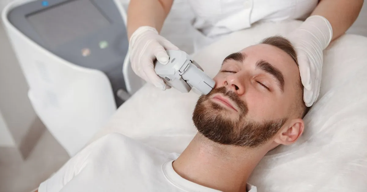 Man getting Laser Skin Treatments on his face at a clinic in Greenwich CT