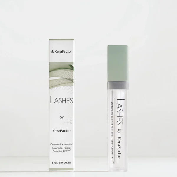 KeraFactor Lashes eyelash growth serum with packaging box and applicator on white background